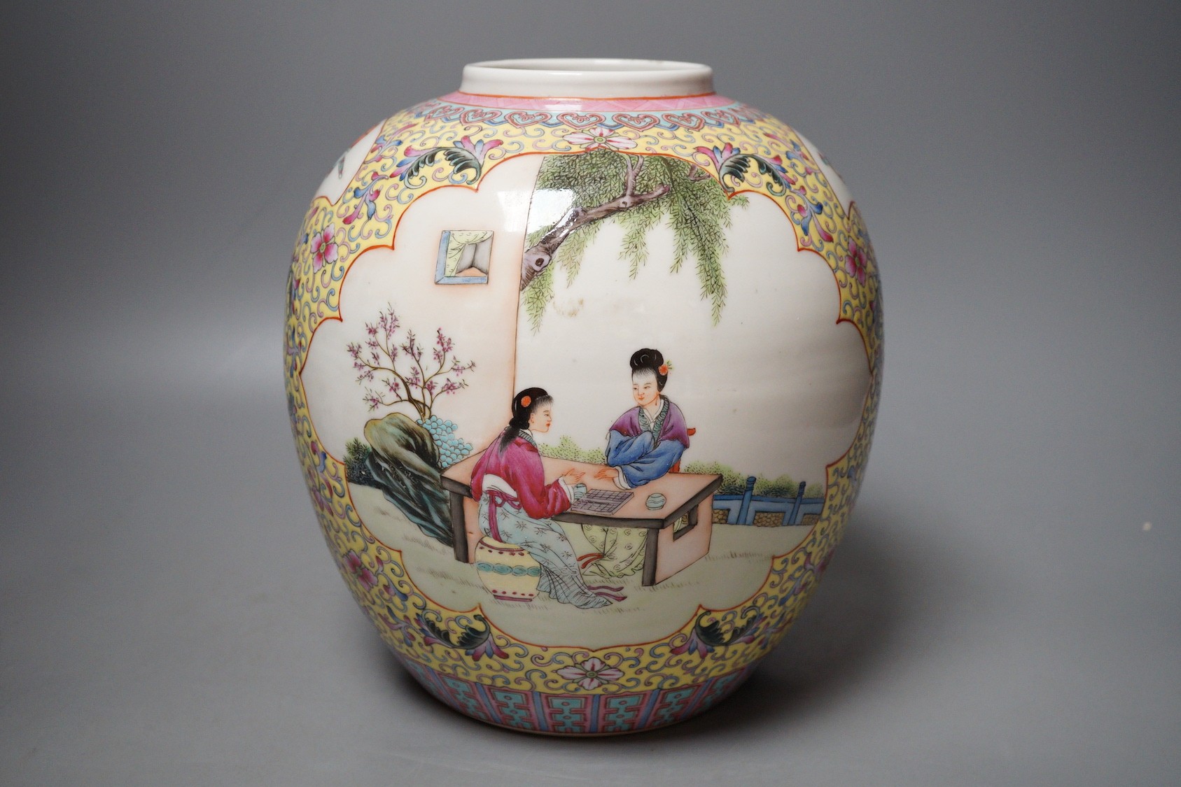 A Chinese yellow ground famille rose jar, Republic Period, 22cm